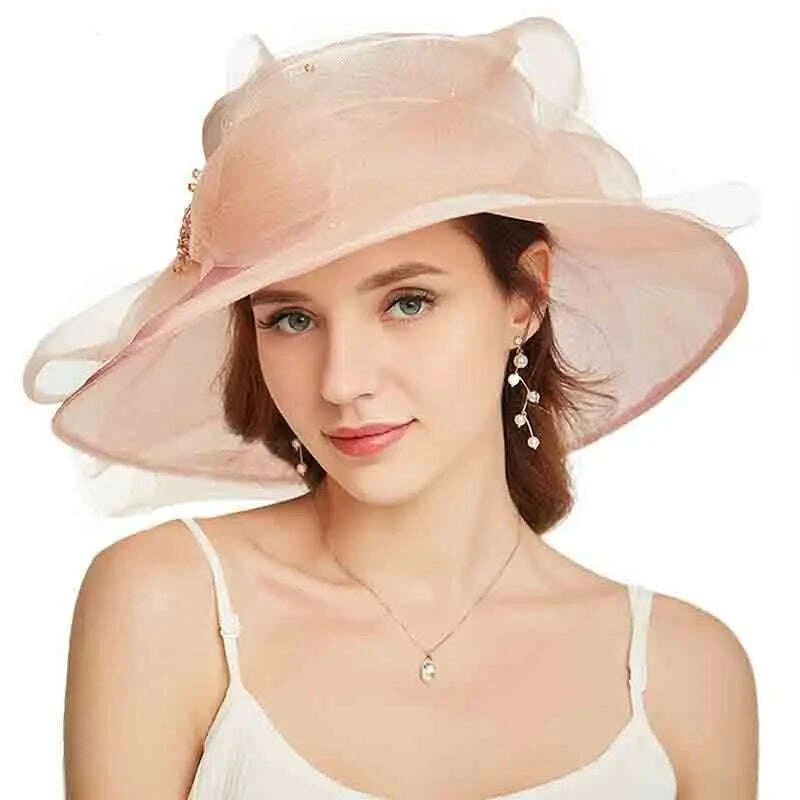 FS Beige White Organza Wide Brim Sun Hats For Women Church Hats Women Elegant Kentucky Derby Hat Ladies Big Bow Fedora - KIMLUD