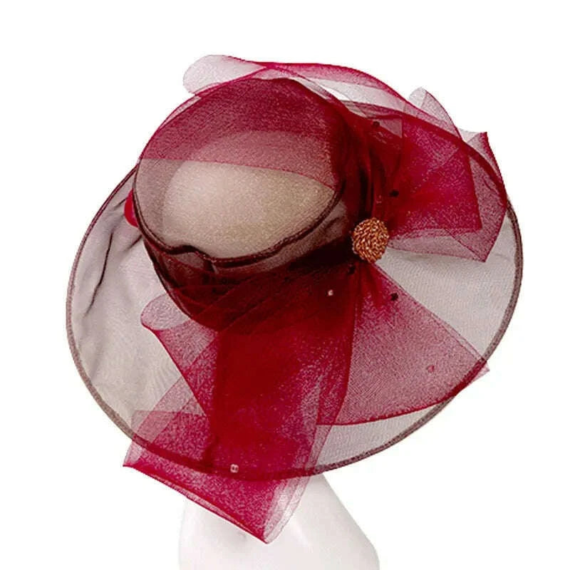 FS Beige White Organza Wide Brim Sun Hats For Women Church Hats Women Elegant Kentucky Derby Hat Ladies Big Bow Fedora - KIMLUD