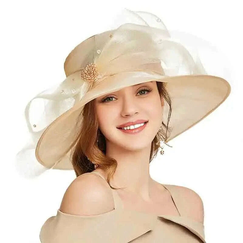 FS Beige White Organza Wide Brim Sun Hats For Women Church Hats Women Elegant Kentucky Derby Hat Ladies Big Bow Fedora - KIMLUD