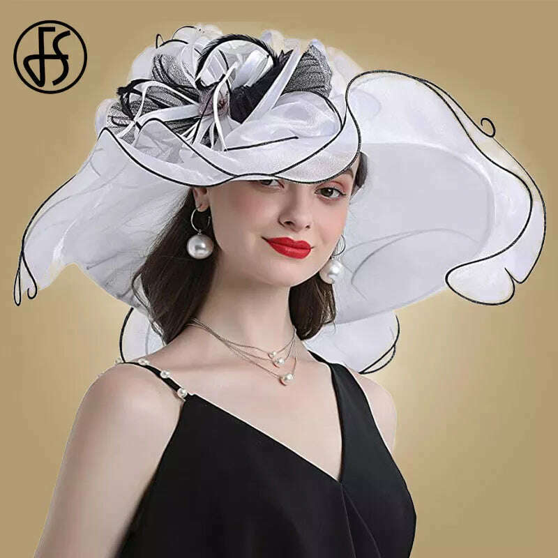 KIMLUD, FS Big Brim Fedora Hats For Women Organza White Sun Hats Flower Ladies Wedding Party Kentucky Wide Church Fedoras, White / M (56-58CM), KIMLUD Womens Clothes
