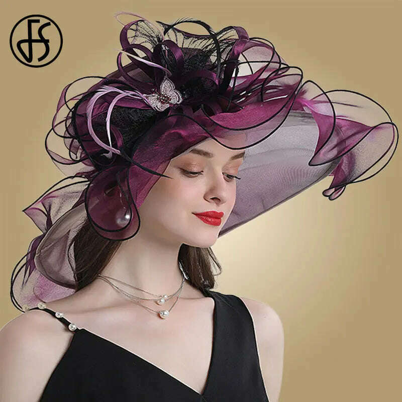 KIMLUD, FS Big Brim Fedora Hats For Women Organza White Sun Hats Flower Ladies Wedding Party Kentucky Wide Church Fedoras, Purple Red / M (56-58CM), KIMLUD Womens Clothes