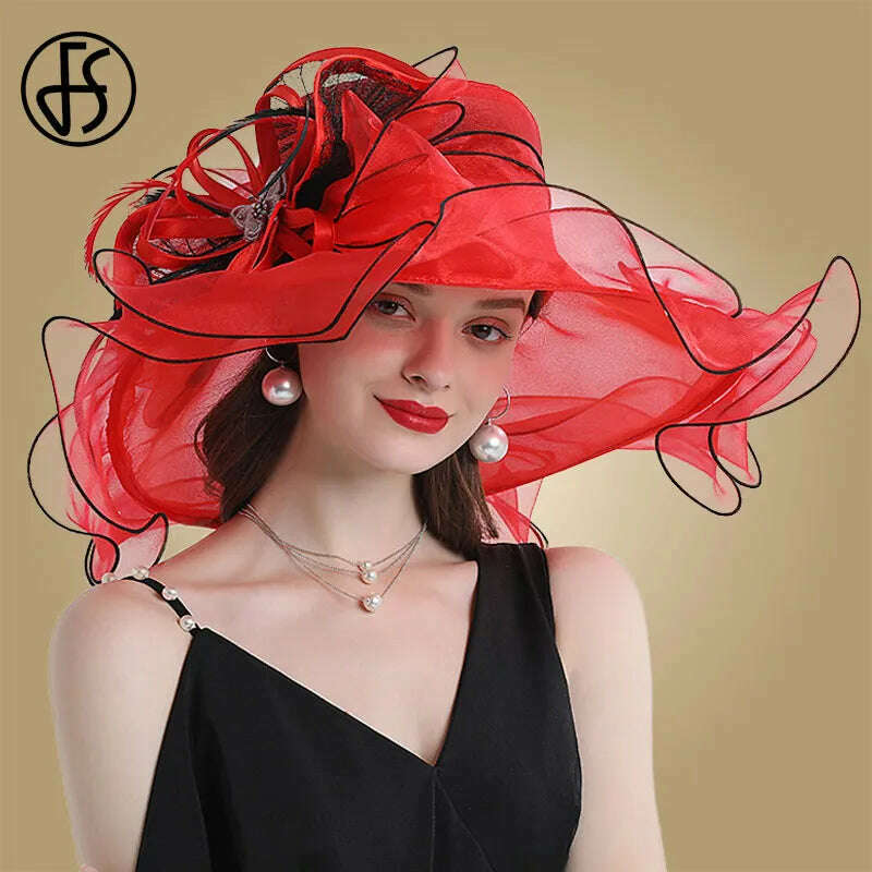 KIMLUD, FS Big Brim Fedora Hats For Women Organza White Sun Hats Flower Ladies Wedding Party Kentucky Wide Church Fedoras, Red / M (56-58CM), KIMLUD Womens Clothes