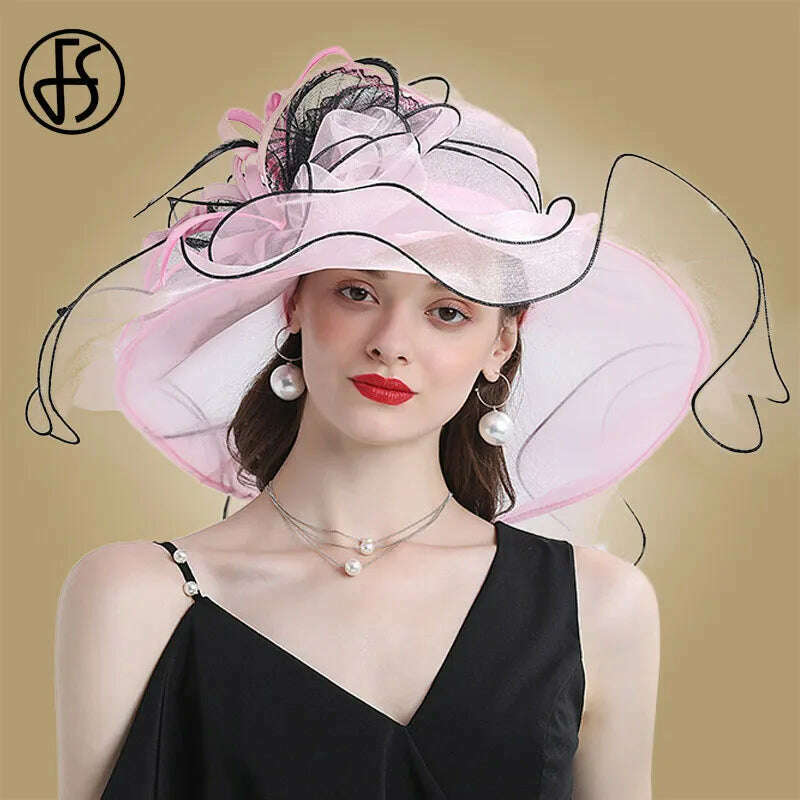 KIMLUD, FS Big Brim Fedora Hats For Women Organza White Sun Hats Flower Ladies Wedding Party Kentucky Wide Church Fedoras, Pink / M (56-58CM), KIMLUD Womens Clothes