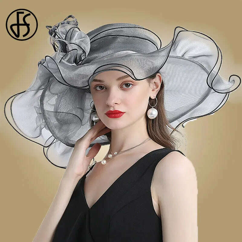 KIMLUD, FS Big Brim Fedora Hats For Women Organza White Sun Hats Flower Ladies Wedding Party Kentucky Wide Church Fedoras, Gray / M (56-58CM), KIMLUD Womens Clothes