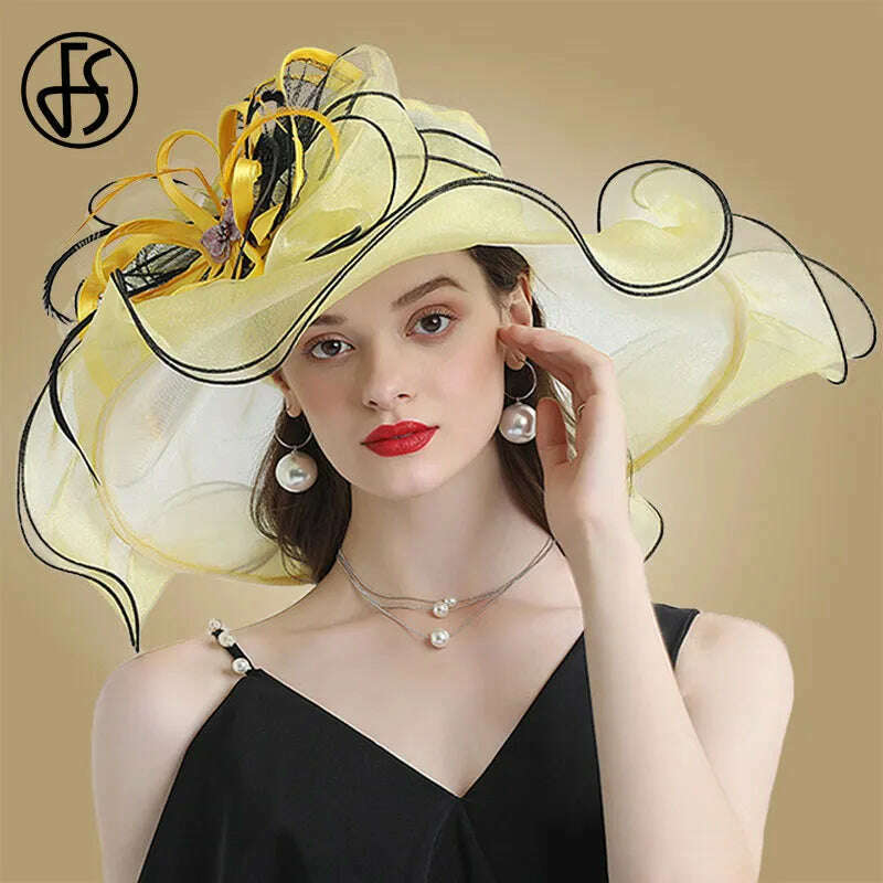 KIMLUD, FS Big Brim Fedora Hats For Women Organza White Sun Hats Flower Ladies Wedding Party Kentucky Wide Church Fedoras, Yellow / M (56-58CM), KIMLUD Womens Clothes