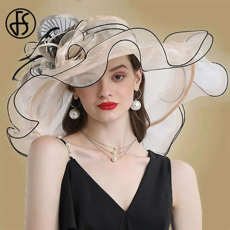 KIMLUD, FS Big Brim Fedora Hats For Women Organza White Sun Hats Flower Ladies Wedding Party Kentucky Wide Church Fedoras, Beige / M (56-58CM), KIMLUD Womens Clothes