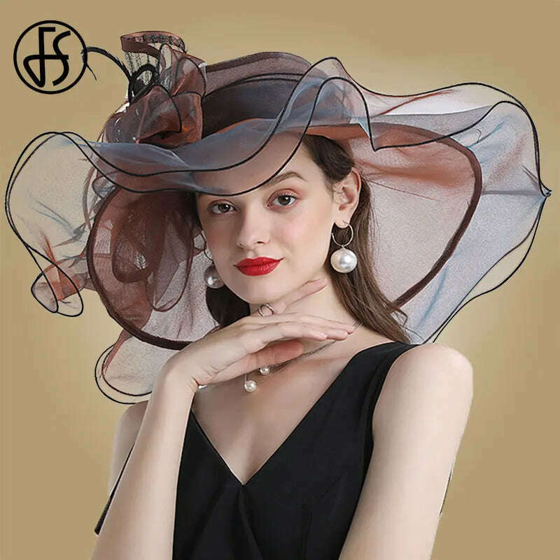 KIMLUD, FS Big Brim Fedora Hats For Women Organza White Sun Hats Flower Ladies Wedding Party Kentucky Wide Church Fedoras, Brown / M (56-58CM), KIMLUD Womens Clothes