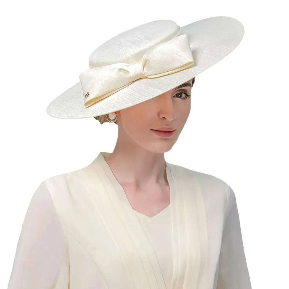 FS Elegant Wide Brim Ivory Hats For Women Big Bowknot Formal Occasion Kentucky Cap Lady Wedding Cocktail Party Flat Top Fedoras - KIMLUD