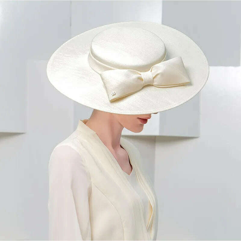 FS Elegant Wide Brim Ivory Hats For Women Big Bowknot Formal Occasion Kentucky Cap Lady Wedding Cocktail Party Flat Top Fedoras, Ivory / 56 to 58cm, KIMLUD Women's Clothes