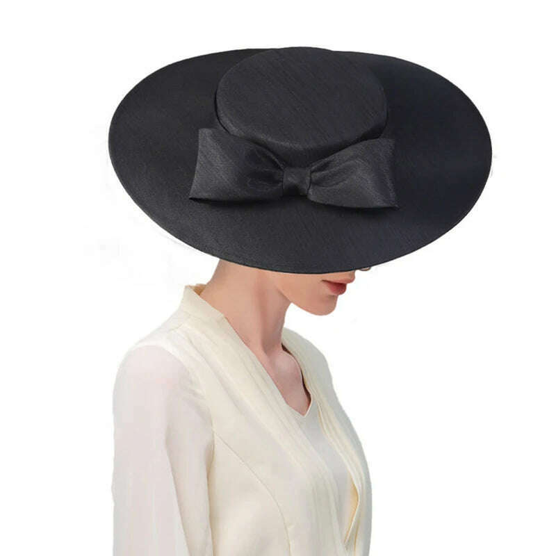 FS Elegant Wide Brim Ivory Hats For Women Big Bowknot Formal Occasion Kentucky Cap Lady Wedding Cocktail Party Flat Top Fedoras - KIMLUD