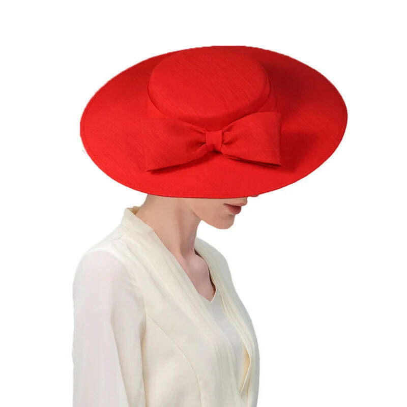 FS Elegant Wide Brim Ivory Hats For Women Big Bowknot Formal Occasion Kentucky Cap Lady Wedding Cocktail Party Flat Top Fedoras - KIMLUD