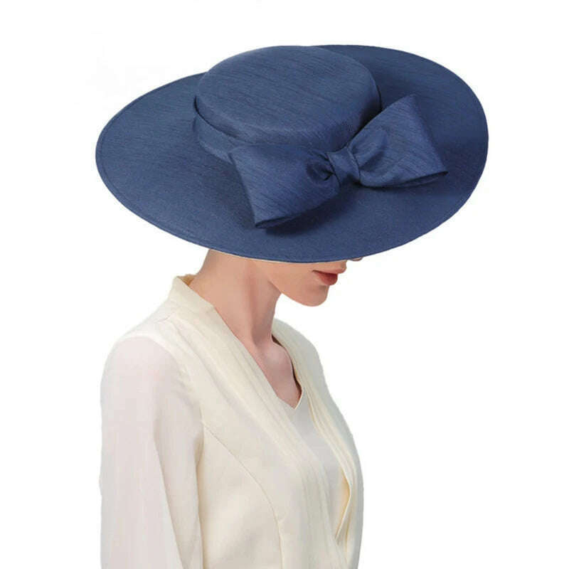FS Elegant Wide Brim Ivory Hats For Women Big Bowknot Formal Occasion Kentucky Cap Lady Wedding Cocktail Party Flat Top Fedoras, Royalblue / 56 to 58cm, KIMLUD Women's Clothes