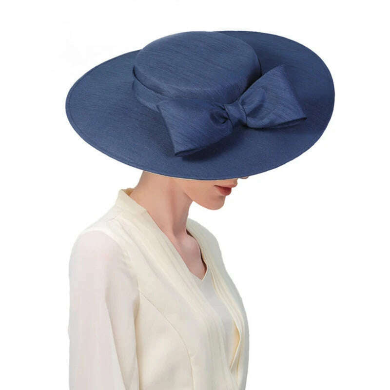 FS Elegant Wide Brim Ivory Hats For Women Big Bowknot Formal Occasion Kentucky Cap Lady Wedding Cocktail Party Flat Top Fedoras - KIMLUD