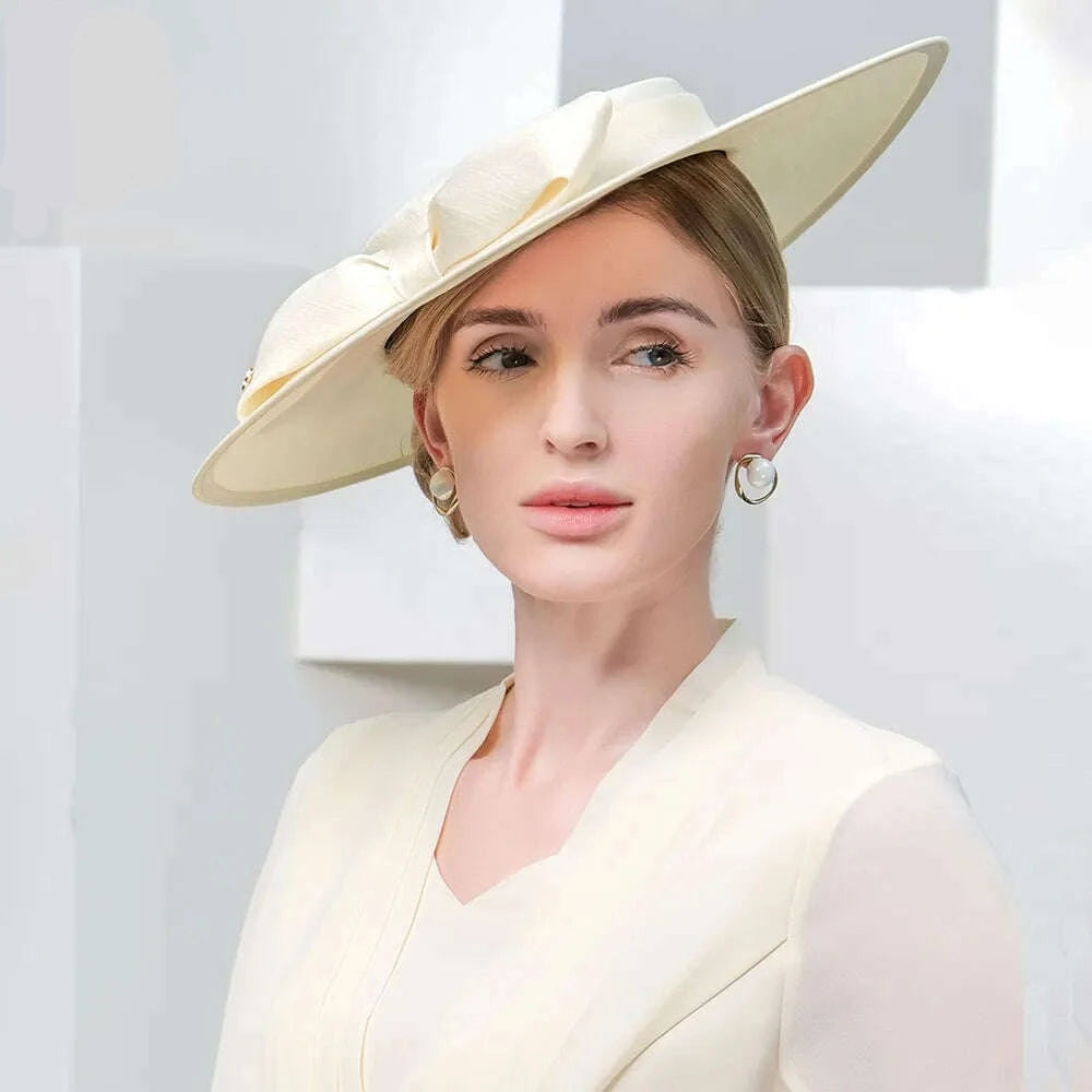 FS Elegant Wide Brim Ivory Hats For Women Big Bowknot Formal Occasion Kentucky Cap Lady Wedding Cocktail Party Flat Top Fedoras - KIMLUD