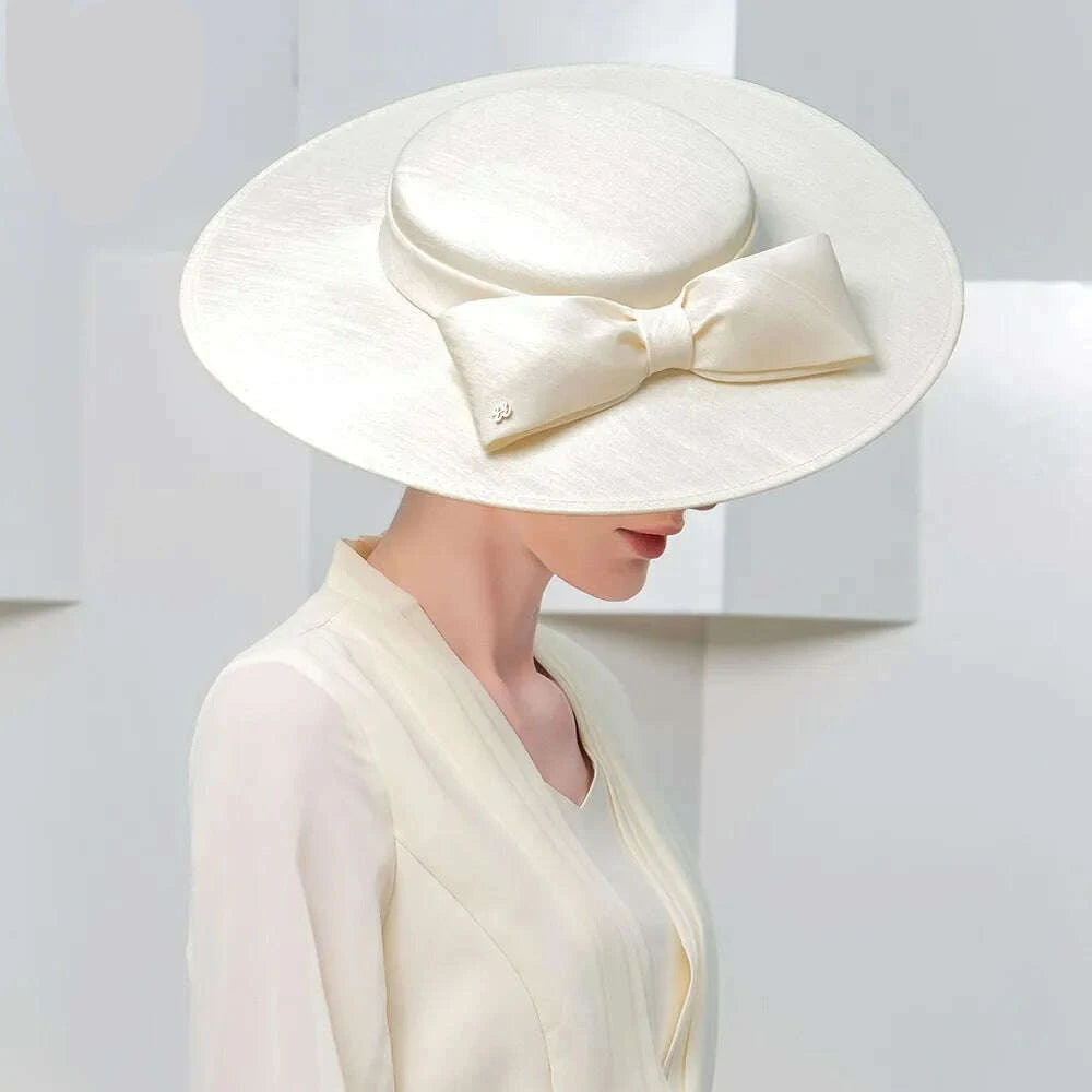 FS Elegant Wide Brim Ivory Hats For Women Big Bowknot Formal Occasion Kentucky Cap Lady Wedding Cocktail Party Flat Top Fedoras - KIMLUD