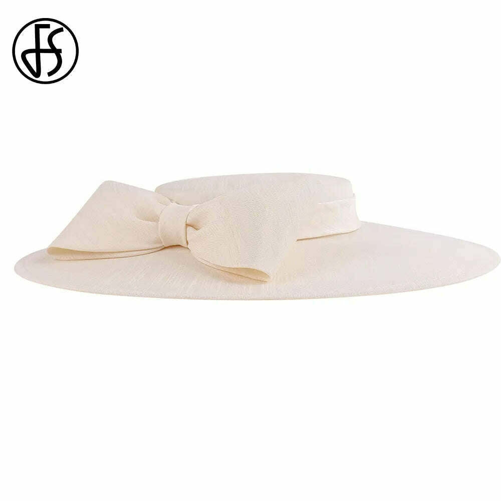 FS Elegant Wide Brim Ivory Hats For Women Big Bowknot Formal Occasion Kentucky Cap Lady Wedding Cocktail Party Flat Top Fedoras, KIMLUD Women's Clothes