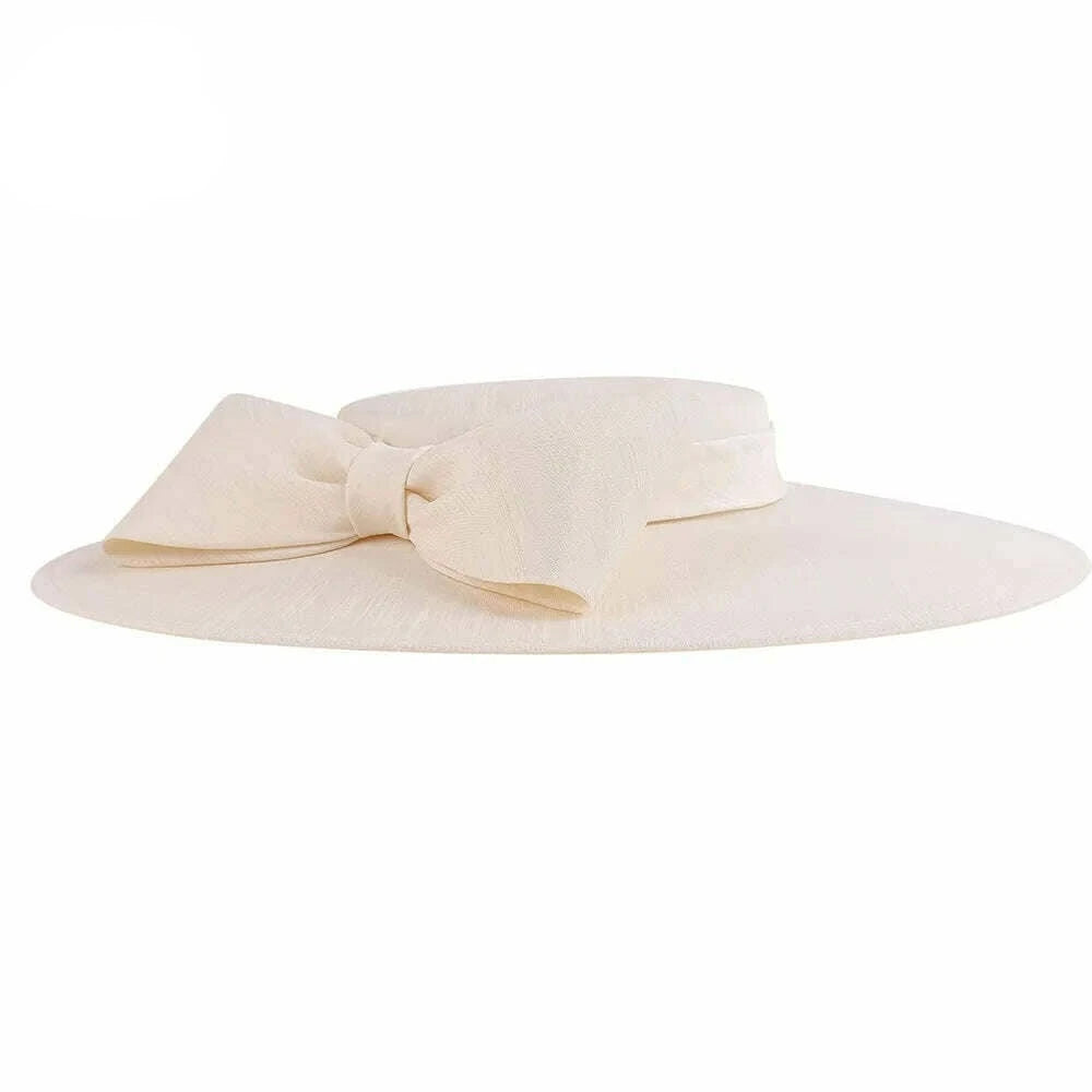 FS Elegant Wide Brim Ivory Hats For Women Big Bowknot Formal Occasion Kentucky Cap Lady Wedding Cocktail Party Flat Top Fedoras - KIMLUD
