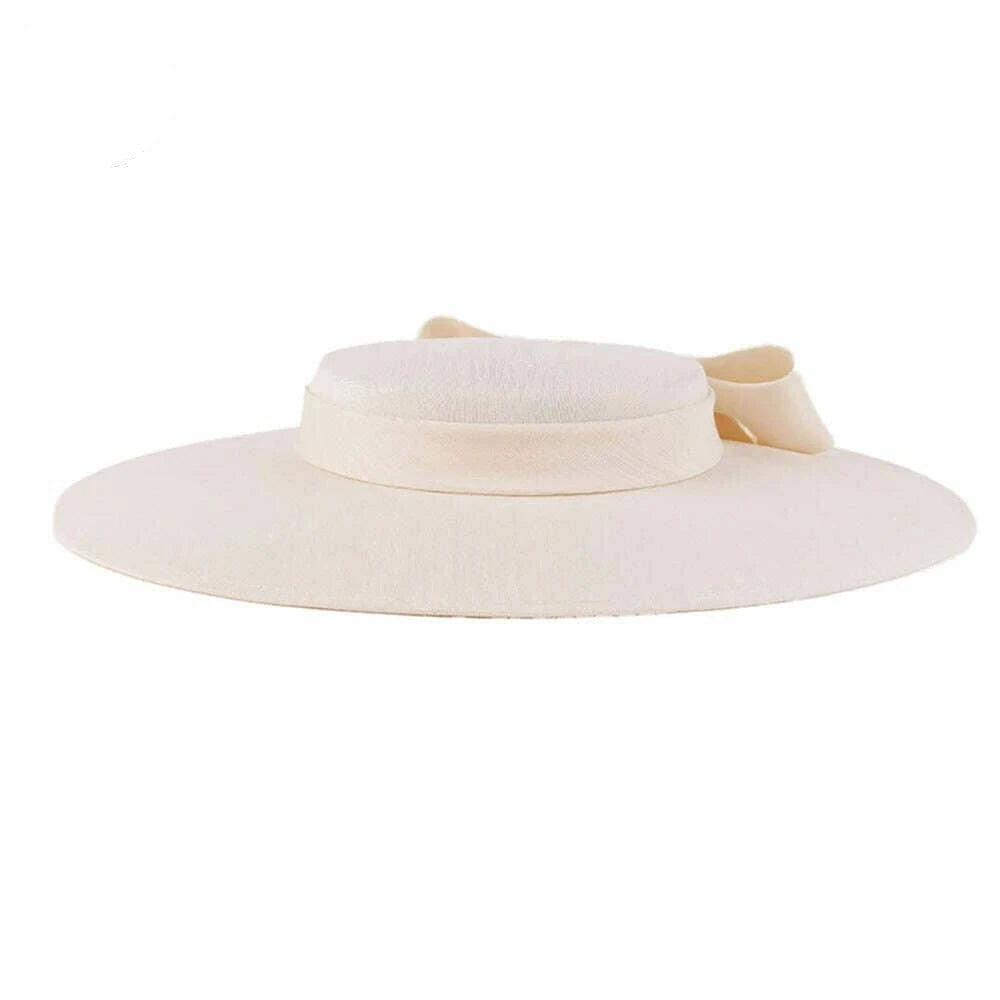 FS Elegant Wide Brim Ivory Hats For Women Big Bowknot Formal Occasion Kentucky Cap Lady Wedding Cocktail Party Flat Top Fedoras - KIMLUD