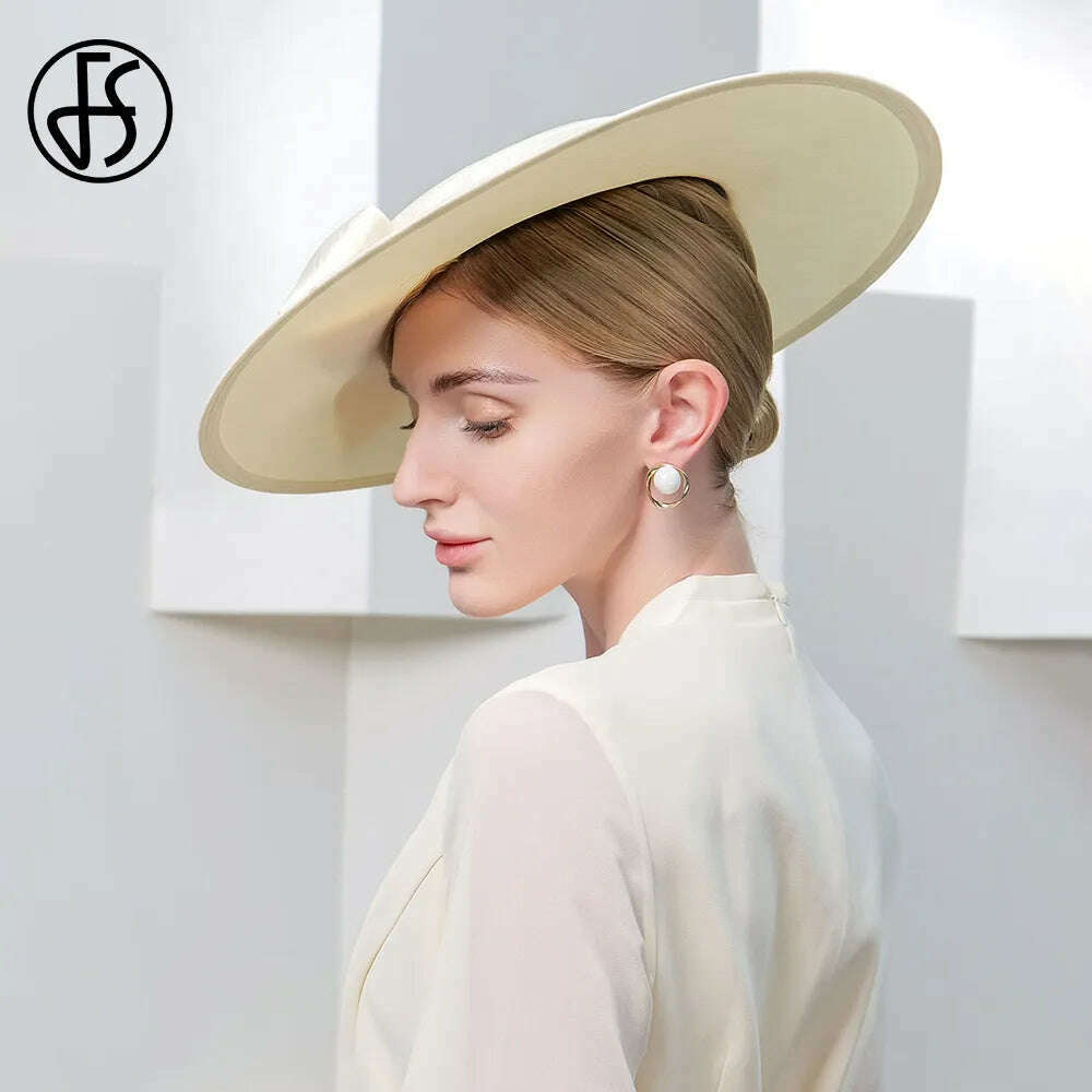 FS Elegant Wide Brim Ivory Hats For Women Big Bowknot Formal Occasion Kentucky Cap Lady Wedding Cocktail Party Flat Top Fedoras, KIMLUD Women's Clothes