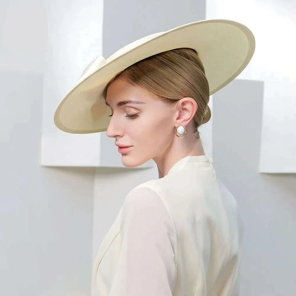 FS Elegant Wide Brim Ivory Hats For Women Big Bowknot Formal Occasion Kentucky Cap Lady Wedding Cocktail Party Flat Top Fedoras - KIMLUD