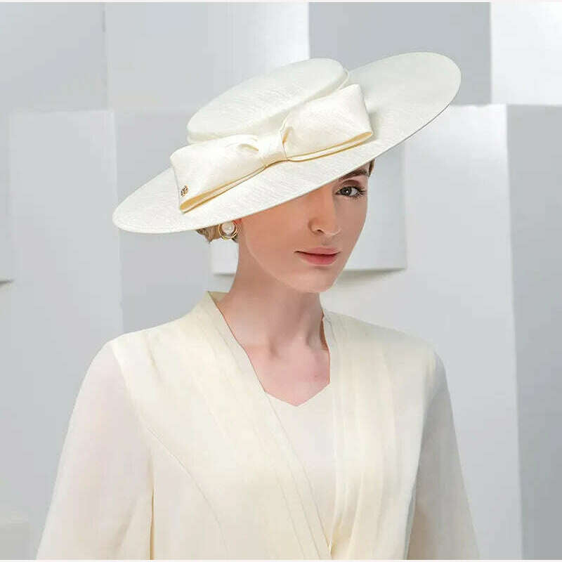 FS Elegant Wide Brim Ivory Hats For Women Big Bowknot Formal Occasion Kentucky Cap Lady Wedding Cocktail Party Flat Top Fedoras - KIMLUD