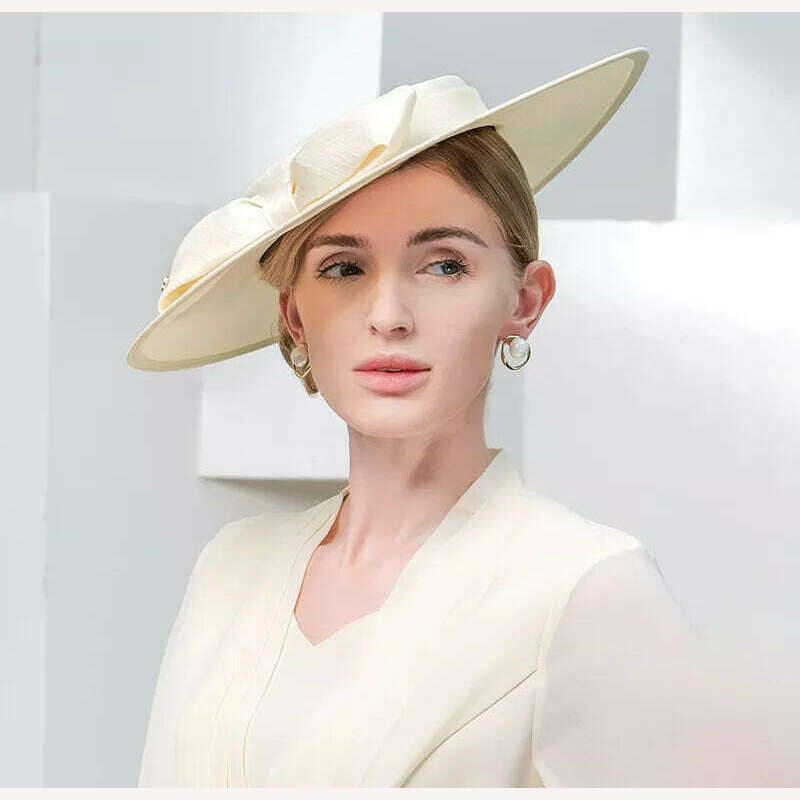 KIMLUD, FS Elegant Wide Brim Ivory Hats For Women Big Bowknot Formal Occasion Kentucky Cap Lady Wedding Cocktail Party Flat Top Fedoras, KIMLUD Womens Clothes
