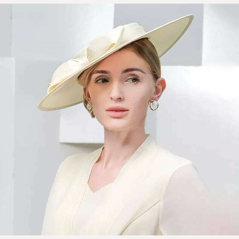 FS Elegant Wide Brim Ivory Hats For Women Big Bowknot Formal Occasion Kentucky Cap Lady Wedding Cocktail Party Flat Top Fedoras - KIMLUD
