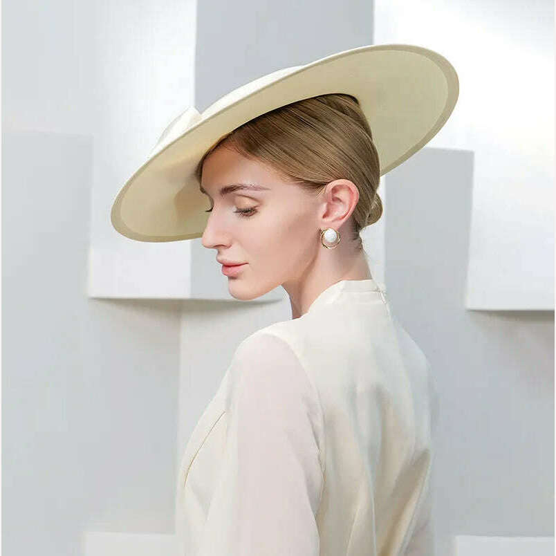 FS Elegant Wide Brim Ivory Hats For Women Big Bowknot Formal Occasion Kentucky Cap Lady Wedding Cocktail Party Flat Top Fedoras - KIMLUD