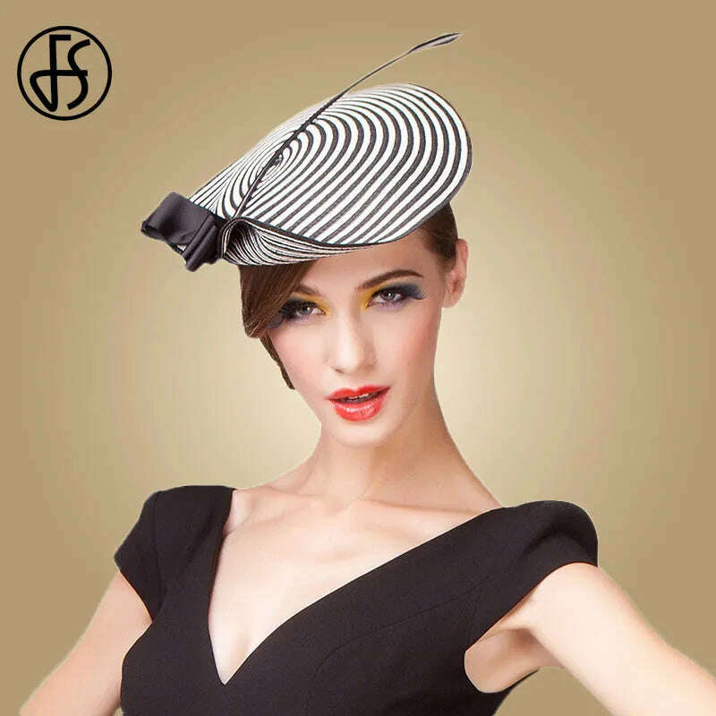 KIMLUD, FS Fascinator Wedding Hats For Women Elegant Black White Feather Striped Cupid Pillbox Hat Vintage Cocktail Lady Church Fedoras, KIMLUD Womens Clothes