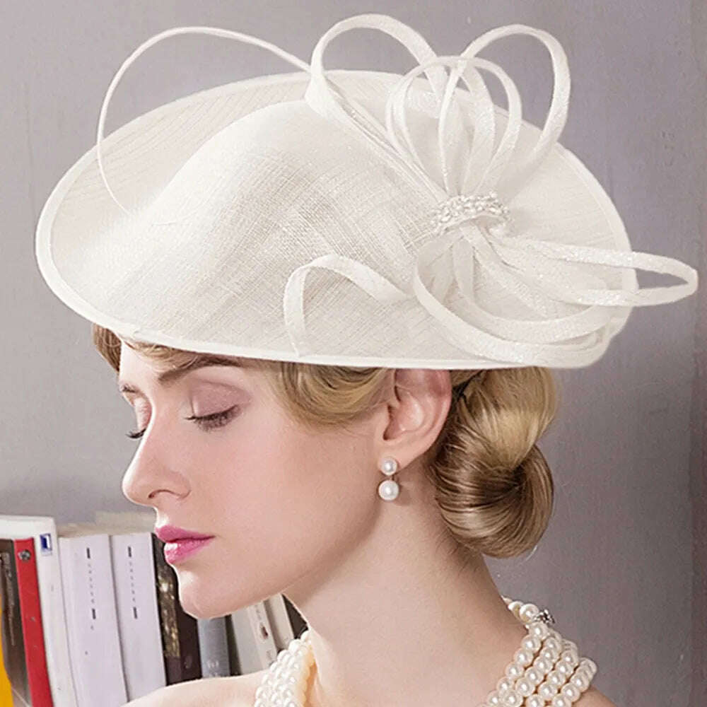 KIMLUD, FS Fascinators For Women Elegant White Linen Pillbox Hat Royal Weddings Bridal Hats Ladies Sinamay Derby Dress Cocktail Fedoras, Beige, KIMLUD Women's Clothes
