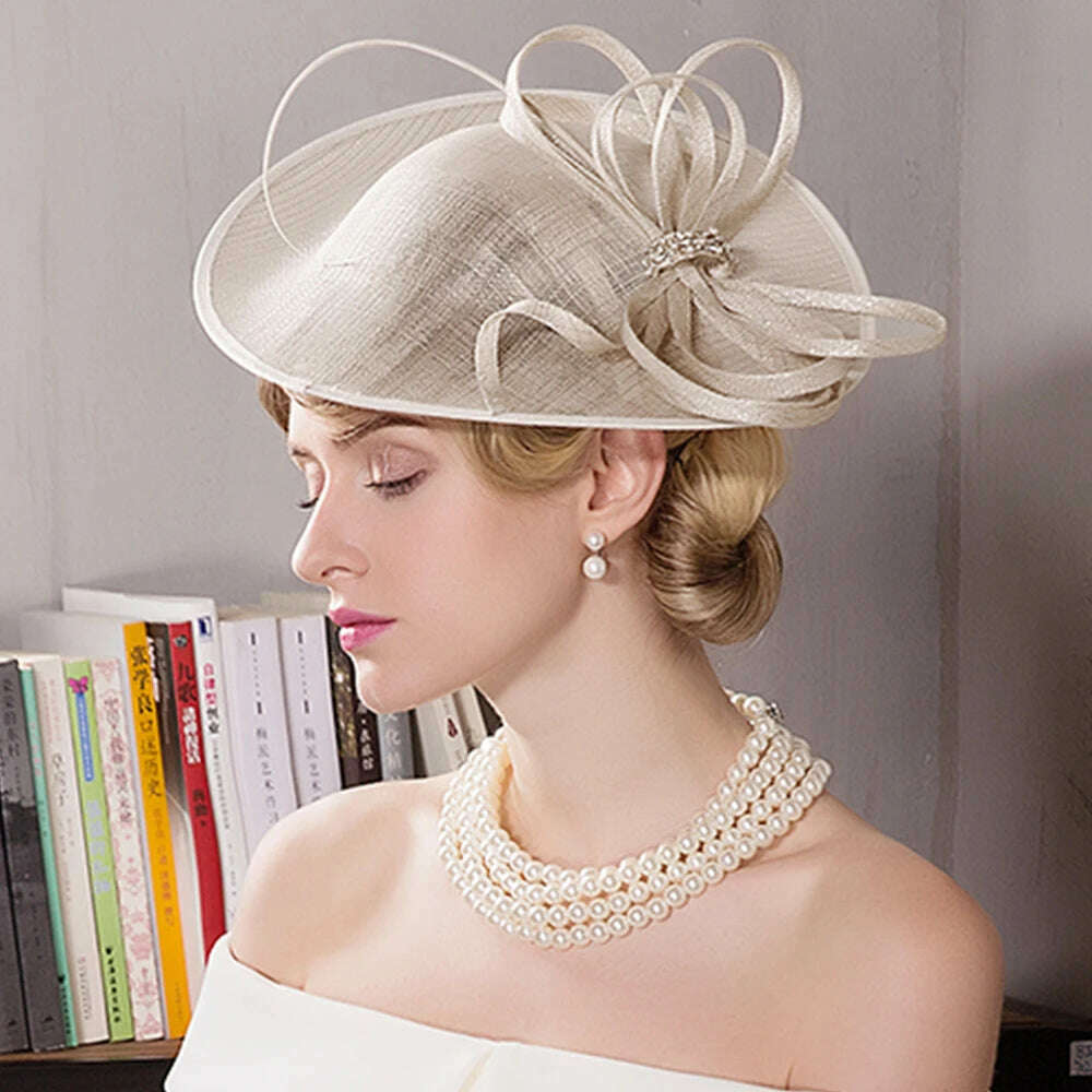 KIMLUD, FS Fascinators For Women Elegant White Linen Pillbox Hat Royal Weddings Bridal Hats Ladies Sinamay Derby Dress Cocktail Fedoras, KIMLUD Women's Clothes