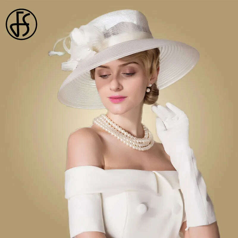 KIMLUD, FS Fascinators White Weddings Sinamay Hat For Women Wide Brim Hats Fedora Vintage Ladies Church Dress Derby Hats, KIMLUD Womens Clothes