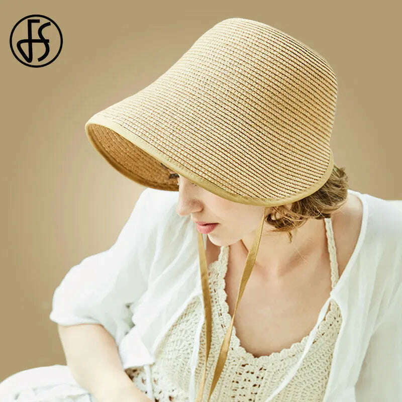 KIMLUD, FS Fashion Straw Regency Bonnets Hats For Women Party Sun Hats Bow Beach Cap Big Wide Brim Cloche Hat Fedora Chapeau Femme, Light Brown / M (55-58cm), KIMLUD Womens Clothes