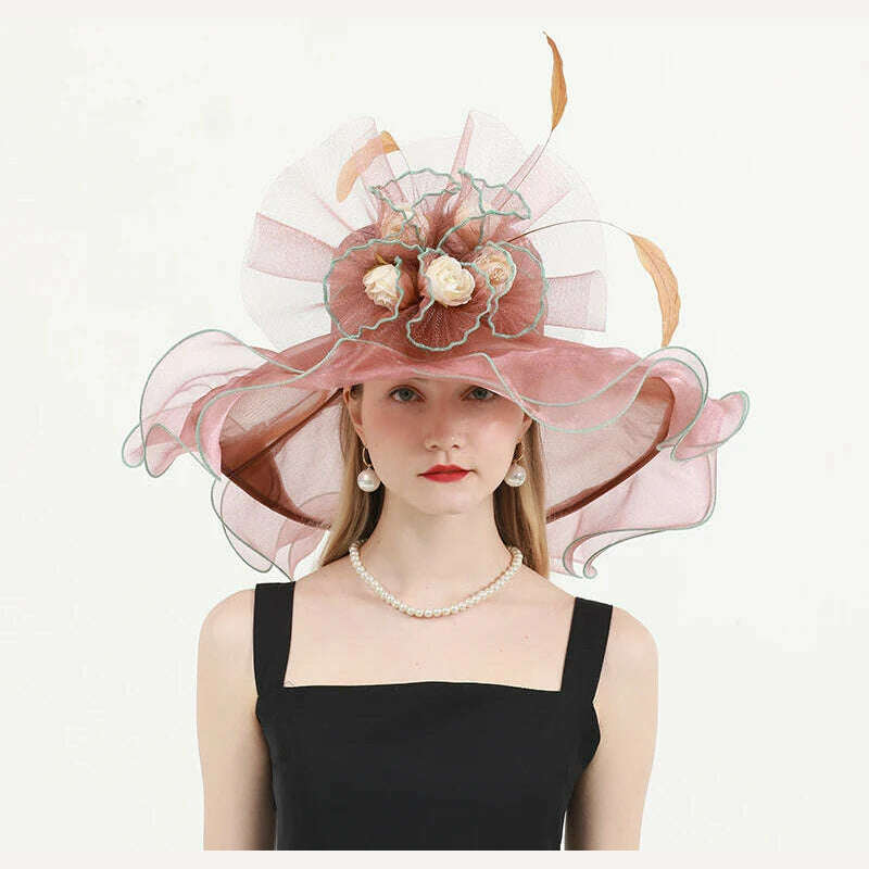 KIMLUD, FS Organza Wide Brim Church Kentucky Derby Hats Fascinator For Women Wedding Cocktail Tea Party Sun Cap Chic Veil Flower Feather, Flesh Pink / M 56 to 58cm, KIMLUD Womens Clothes