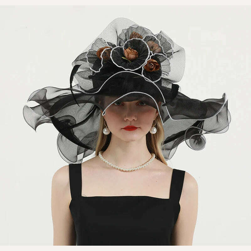 KIMLUD, FS Organza Wide Brim Church Kentucky Derby Hats Fascinator For Women Wedding Cocktail Tea Party Sun Cap Chic Veil Flower Feather, Black / M 56 to 58cm, KIMLUD Womens Clothes