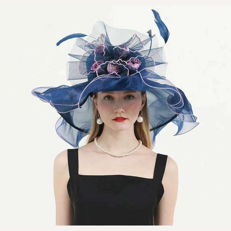 KIMLUD, FS Organza Wide Brim Church Kentucky Derby Hats Fascinator For Women Wedding Cocktail Tea Party Sun Cap Chic Veil Flower Feather, Navy Blue / M 56 to 58cm, KIMLUD Womens Clothes