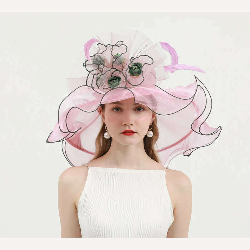 KIMLUD, FS Organza Wide Brim Church Kentucky Derby Hats Fascinator For Women Wedding Cocktail Tea Party Sun Cap Chic Veil Flower Feather, Pink / M 56 to 58cm, KIMLUD Womens Clothes