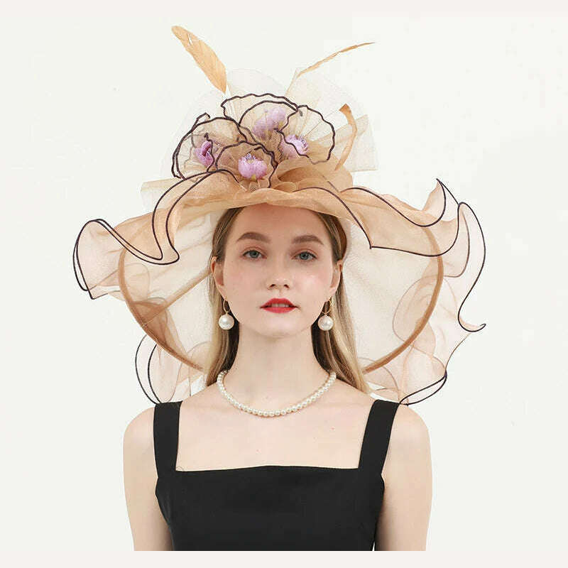 KIMLUD, FS Organza Wide Brim Church Kentucky Derby Hats Fascinator For Women Wedding Cocktail Tea Party Sun Cap Chic Veil Flower Feather, Champagne / M 56 to 58cm, KIMLUD Womens Clothes