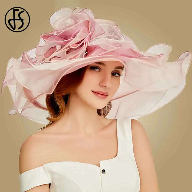 KIMLUD, FS Pink Kentucky Derby Hat For Women Organza Sun Hats Flowers Elegant Large Wide Brim Ladies Wedding Church Fedoras, KIMLUD Womens Clothes