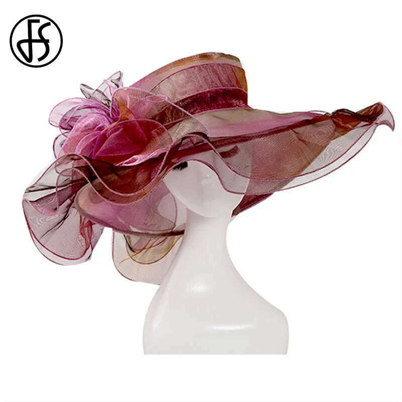 KIMLUD, FS Pink Kentucky Derby Hat For Women Organza Sun Hats Flowers Elegant Large Wide Brim Ladies Wedding Church Fedoras, Purple Sun Hat / 56-58CM, KIMLUD Womens Clothes