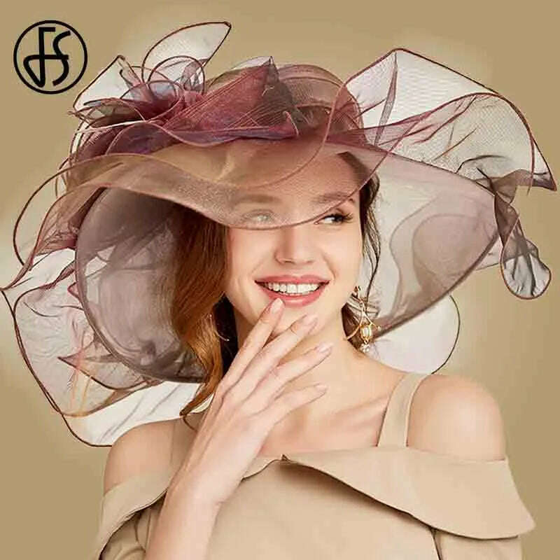 KIMLUD, FS Pink Kentucky Derby Hat For Women Organza Sun Hats Flowers Elegant Large Wide Brim Ladies Wedding Church Fedoras, Wine Red Sun Hat / 56-58CM, KIMLUD Womens Clothes