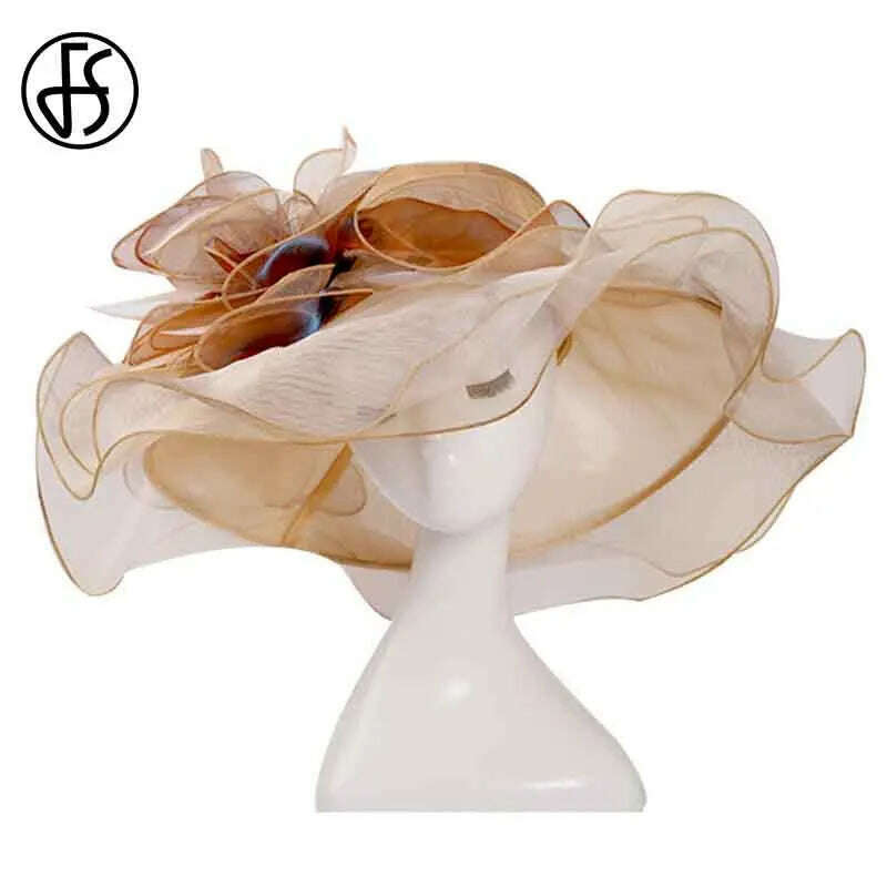 KIMLUD, FS Pink Kentucky Derby Hat For Women Organza Sun Hats Flowers Elegant Large Wide Brim Ladies Wedding Church Fedoras, Beige Yellow Sun Hat / 56-58CM, KIMLUD Womens Clothes