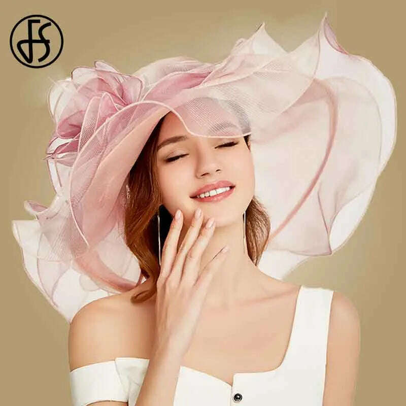 KIMLUD, FS Pink Kentucky Derby Hat For Women Organza Sun Hats Flowers Elegant Large Wide Brim Ladies Wedding Church Fedoras, KIMLUD Womens Clothes