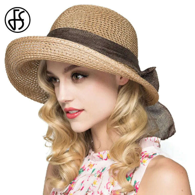 KIMLUD, FS Sun Hats For Women Floppy Wide Brim Straw Hats Foldable Sunbonnet Cloche Hat Blue Beach Style Chapeau Paille Femme, KIMLUD Women's Clothes