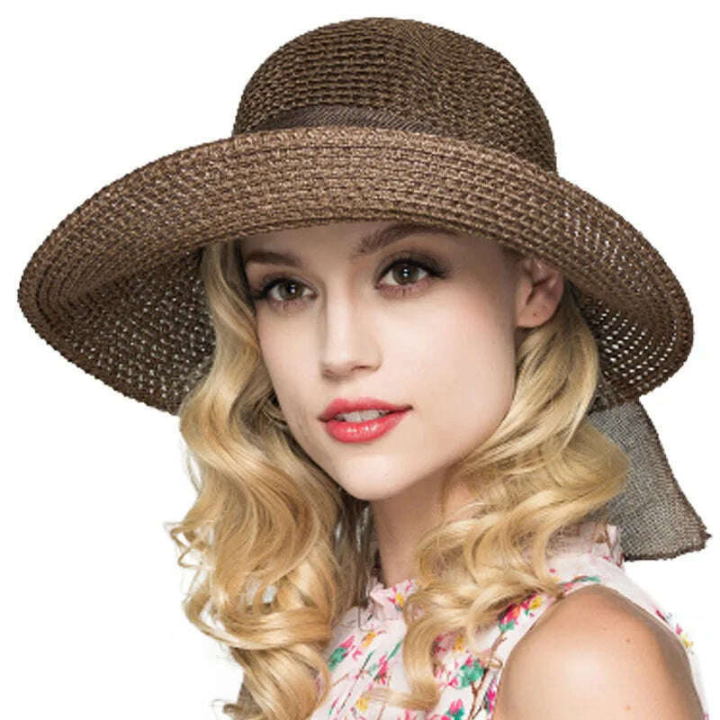 KIMLUD, FS Sun Hats For Women Floppy Wide Brim Straw Hats Foldable Sunbonnet Cloche Hat Blue Beach Style Chapeau Paille Femme, Deep Brown Straw Hat, KIMLUD APPAREL - Womens Clothes