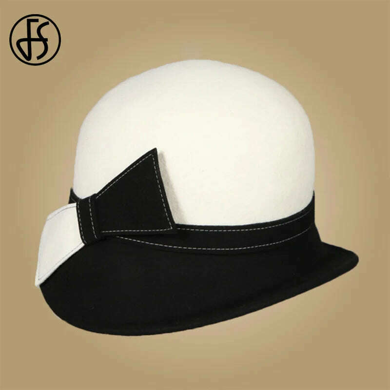 KIMLUD, FS Wide Brim White Wool Hats Bow Bowler Fedora Hat For Women Chapeau Femme Feutre Winter Cloche Ladies Church Felt Fedoras Caps, KIMLUD Womens Clothes