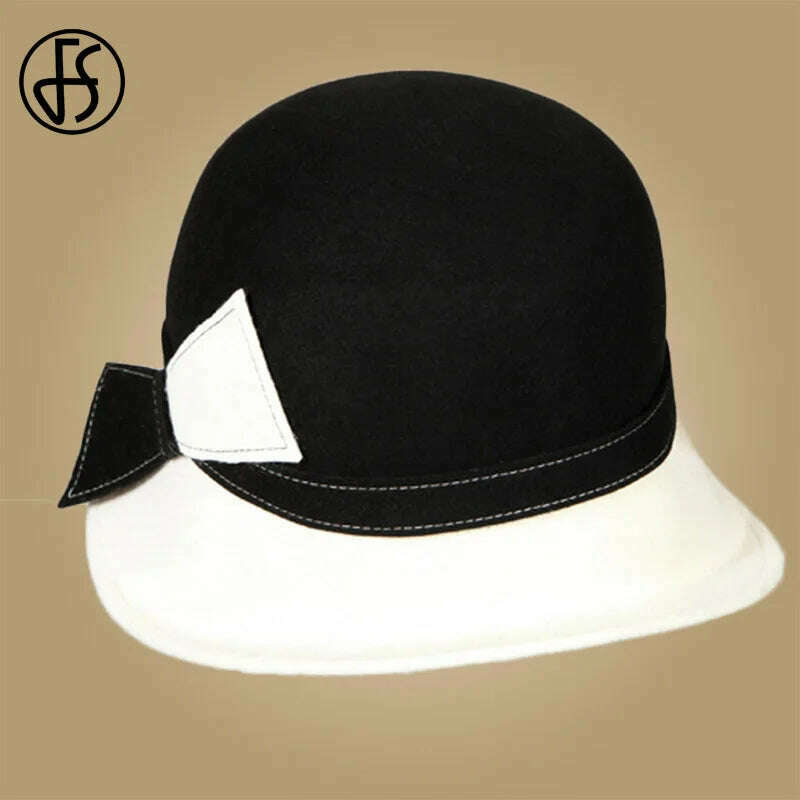 KIMLUD, FS Wide Brim White Wool Hats Bow Bowler Fedora Hat For Women Chapeau Femme Feutre Winter Cloche Ladies Church Felt Fedoras Caps, KIMLUD Womens Clothes
