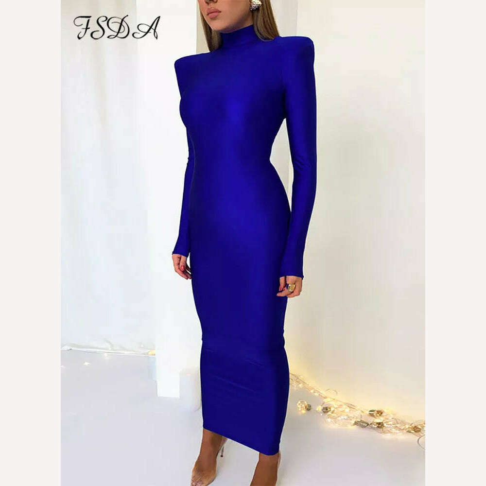 KIMLUD, FSDA Midi Green Long Sleeve 2022 Women Dress Party Autumn Winter Turtleneck Black Sexy Bodycon Dresses Elegant Club, Blue / S, KIMLUD APPAREL - Womens Clothes