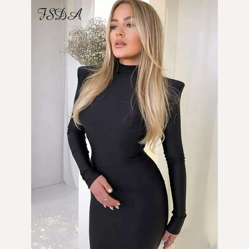 KIMLUD, FSDA Midi Green Long Sleeve 2022 Women Dress Party Autumn Winter Turtleneck Black Sexy Bodycon Dresses Elegant Club, Black / S, KIMLUD APPAREL - Womens Clothes