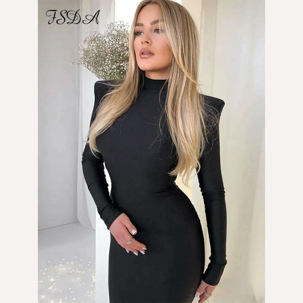 KIMLUD, FSDA Midi Green Long Sleeve 2022 Women Dress Party Autumn Winter Turtleneck Black Sexy Bodycon Dresses Elegant Club, KIMLUD Womens Clothes